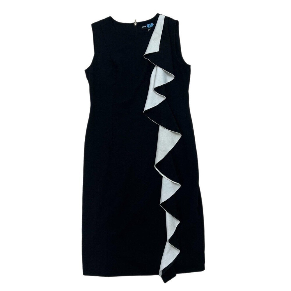 Karl Lagerfeld Sheath Dress Women's 6 Black Ruffle Lined Stretch Ponte Career